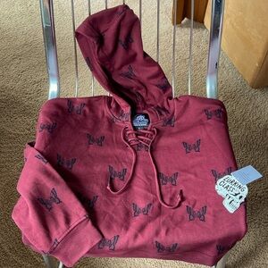 NWT Lurking Class - Maroon Mariposa print (slightly) cropped hoodie. Size Small